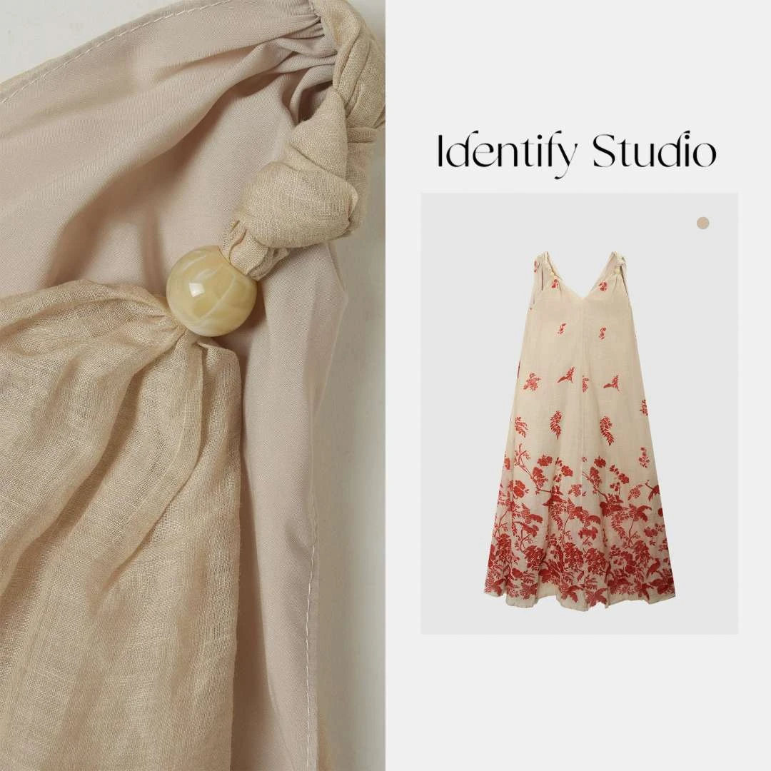 IDENTIFY“落叶纷飞”夏季新款复古新中式v领苎麻连衣裙25SS