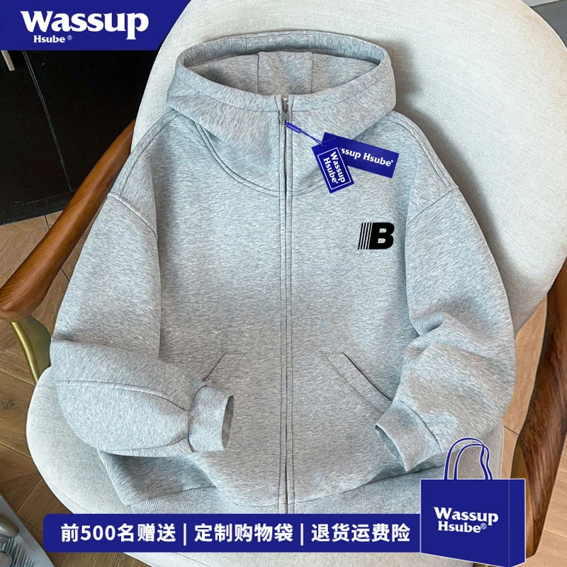 WASSUP HSUBE 美式字母印花高领外套男秋冬季ins休闲百搭开衫卫衣