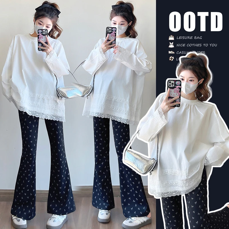 2025春新款蕾丝边时尚减龄潮妈穿搭上衣宽松显瘦次长袖孕妇装