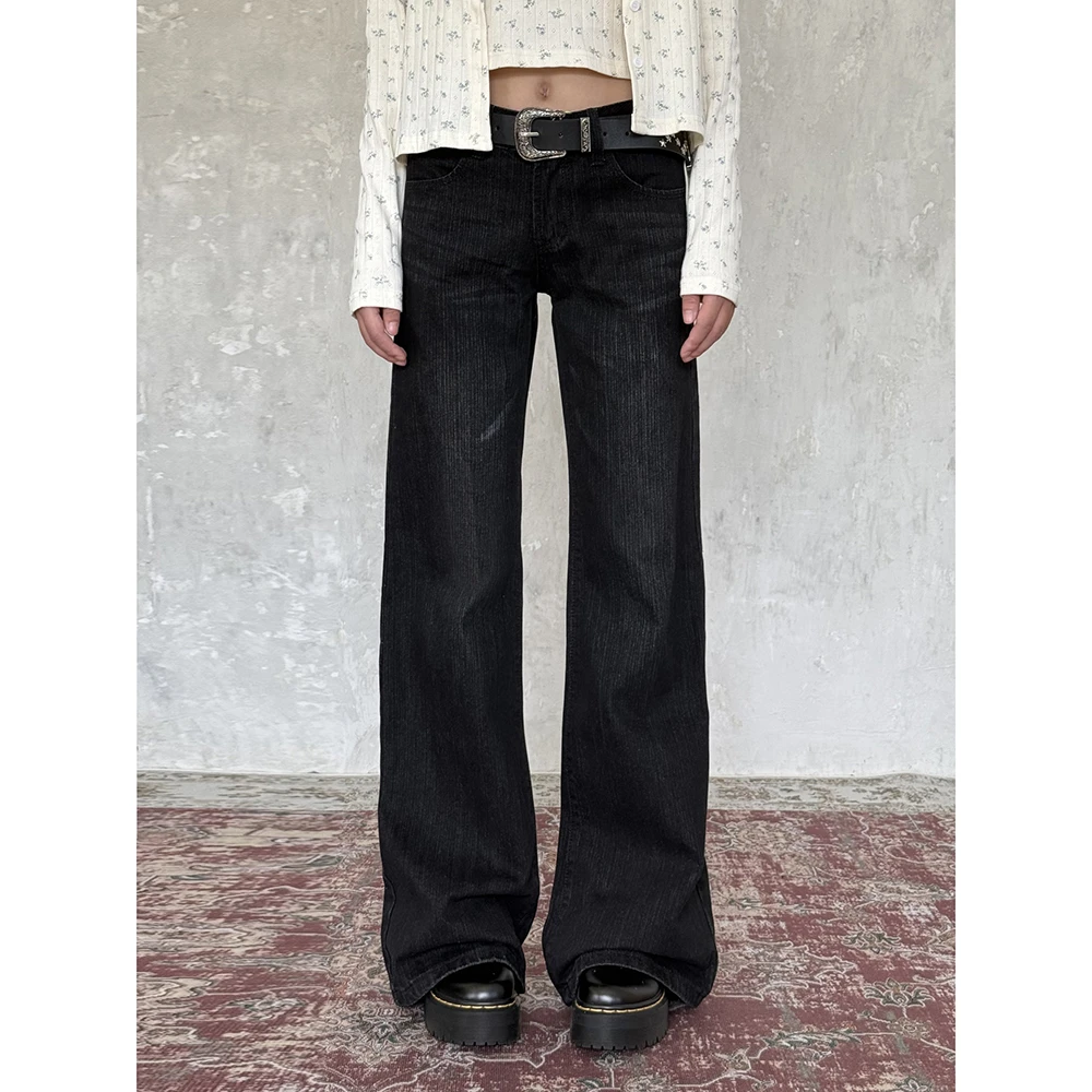 辣妹低腰竹节纹微喇牛仔裤女秋季美式复古不贴腿宽松直筒喇叭裤子