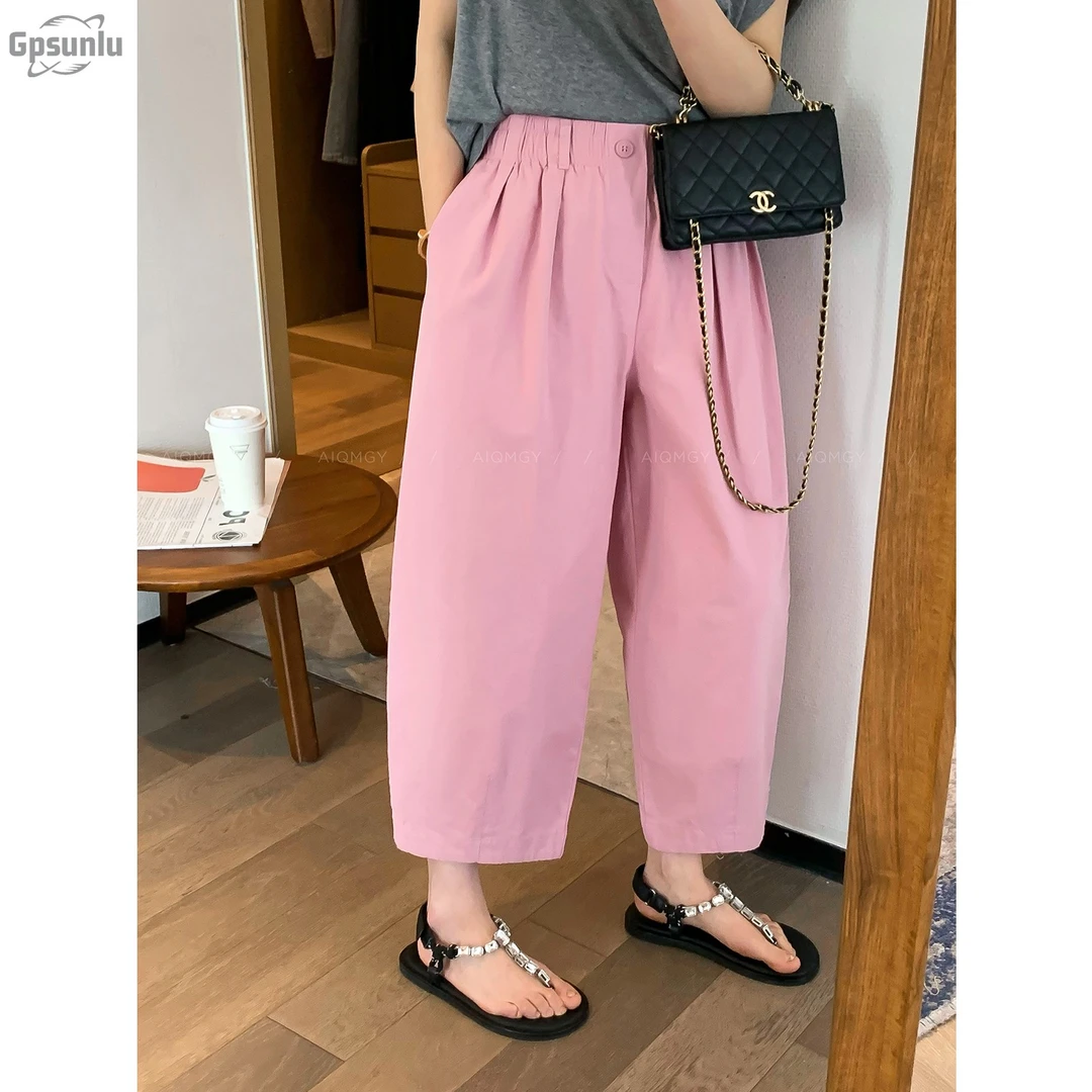 gpsunlu爱情魔鬼鱼粉色高腰纯色休闲裤女夏季女士高腰显瘦喇叭裤