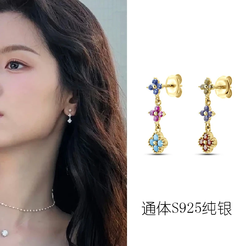 纯铜大理石耳饰 925纯银幸运四叶花瓣耳钉周也同款耳环多巴胺镶钻