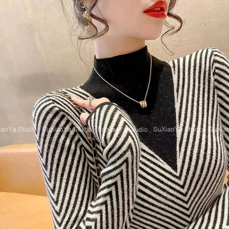 【黑色条纹加绒打底】半高领打底衫洋气时髦时尚针织衫毛衣内搭