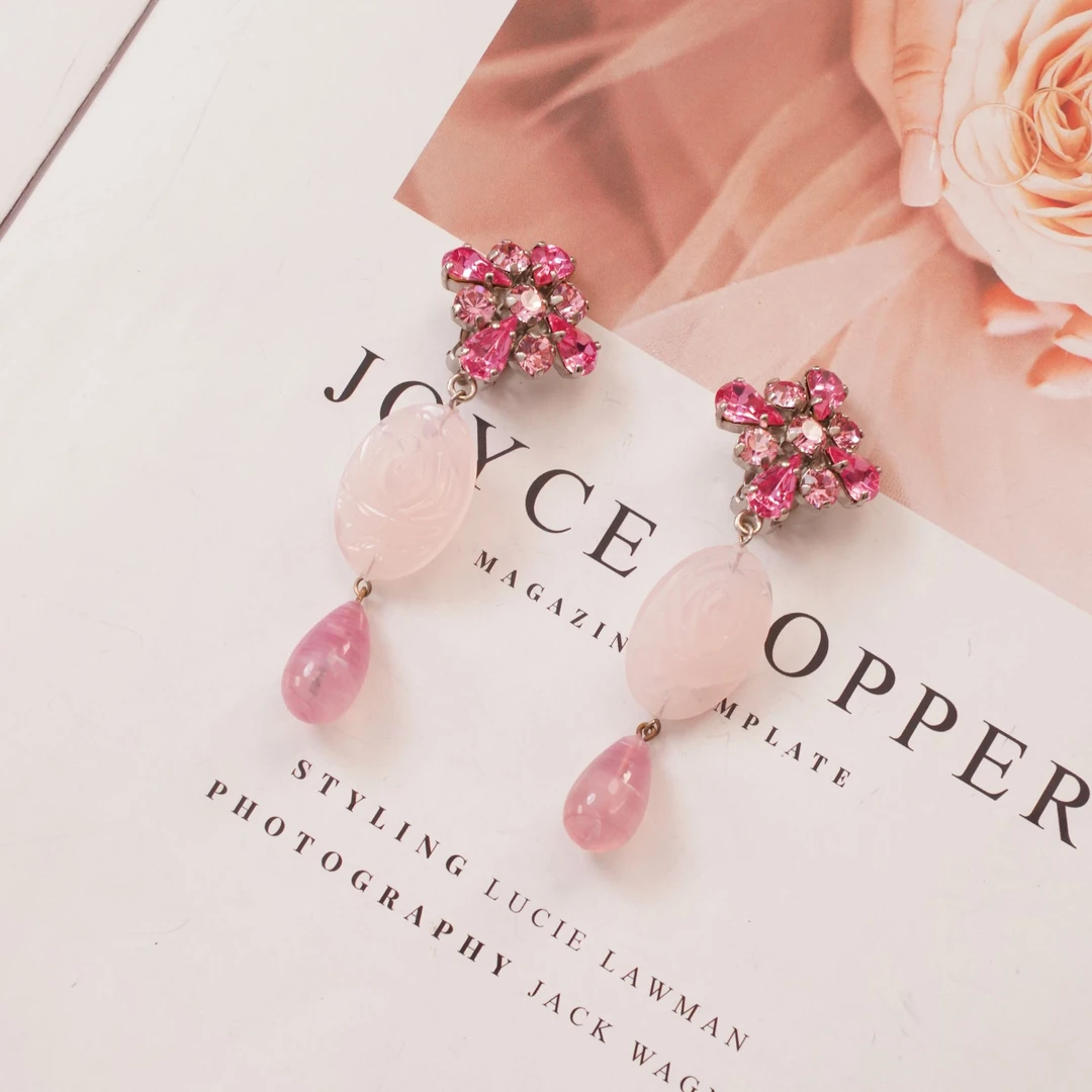 合金仿水晶耳饰 D古着粉色少女风甜美花朵高质感耳夹