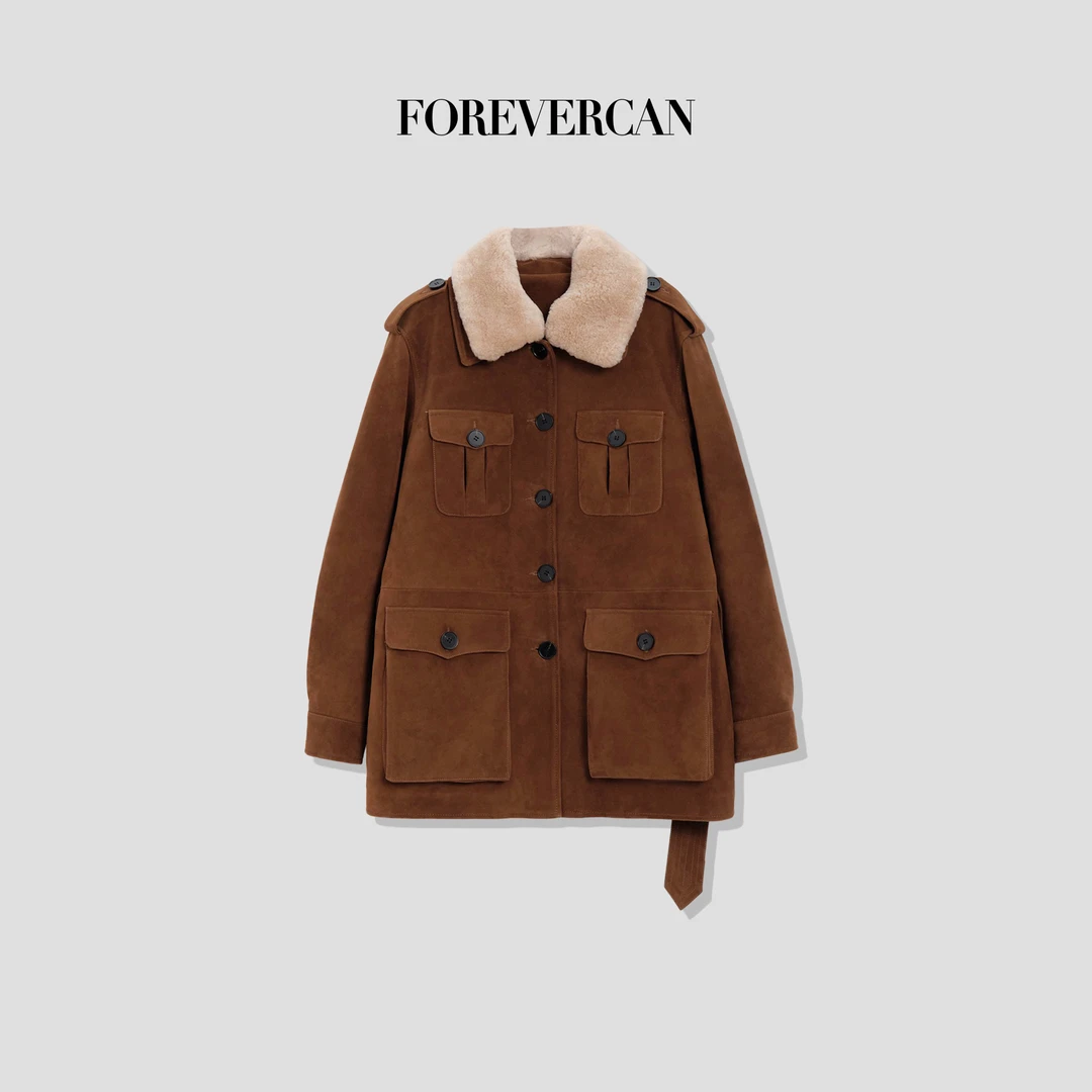 FOREVERCAN“吉普赛”进口羊反绒拼接羊毛领中长款羽绒外套 SC22666