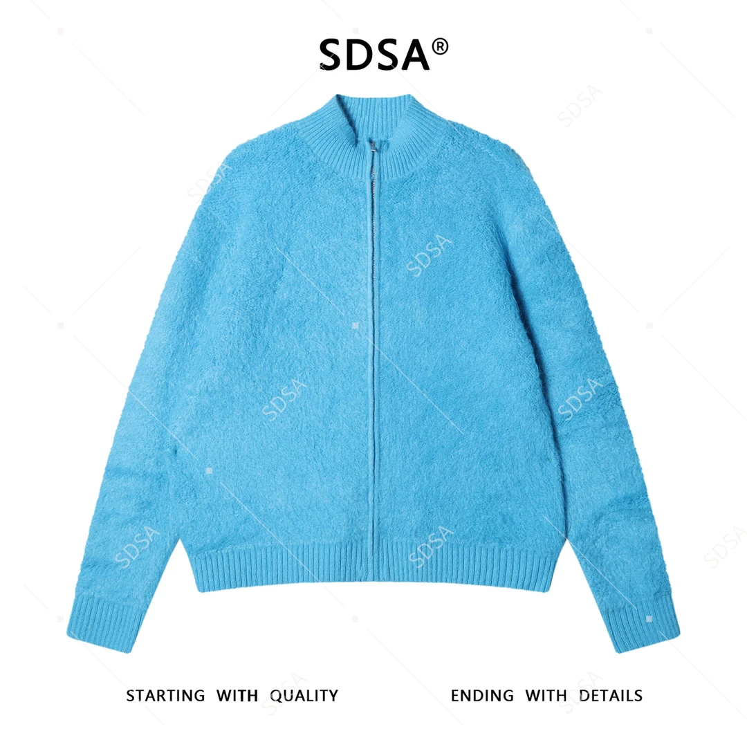 SDSA秋冬新款痞帅男装潮牌短款绒面拉链立领针织衫百搭开衫毛衣