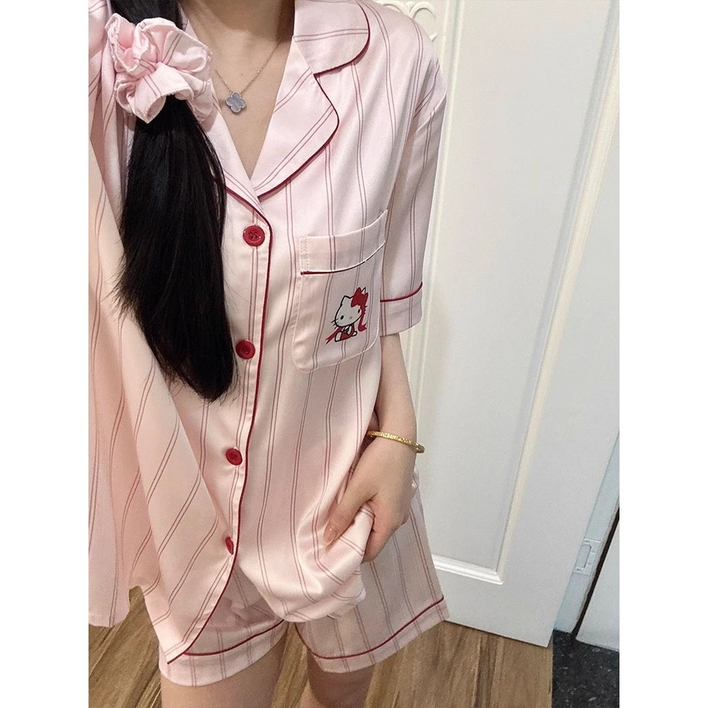 【Kitty印花】甜美少女可爱冰丝睡衣女夏季薄款短袖短裤家居服套装