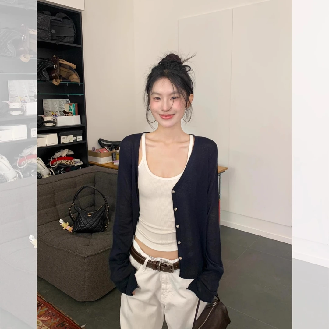 藏青色针织防晒开衫女轻薄款空调衫披肩夏季显瘦吊带外搭罩衫上衣