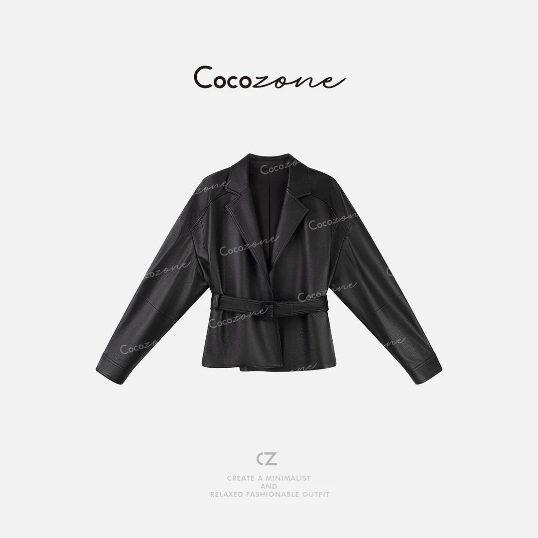 COCO ZONE 刘一一"暮色皮衣"100羊皮革平驳领修身皮衣CD2A1385