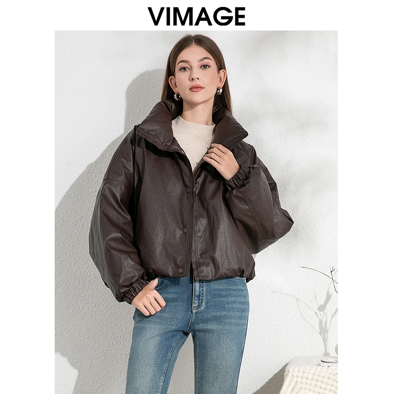 VIMAGE纬漫纪帅气立领时尚复古鹅绒保暖皮羽绒外套VD2411309