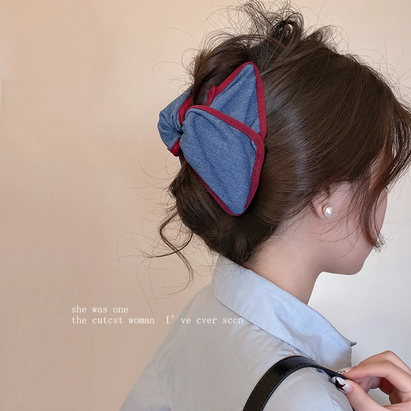 复古牛仔蓝三角抓夹女新款高级感发夹后脑勺鲨鱼夹发卡时尚发饰品