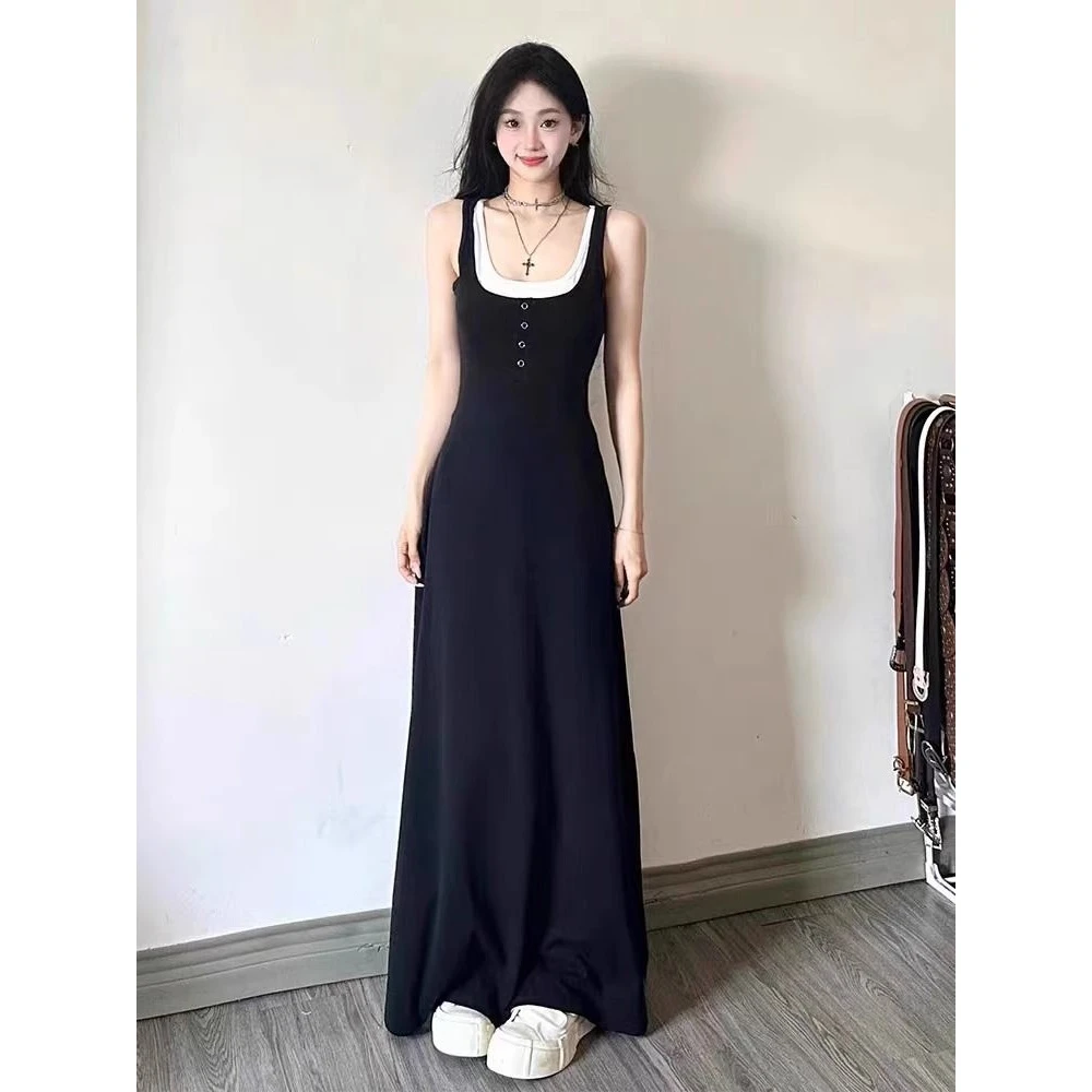 赫本风大码显瘦假两件连衣裙女夏季方领收腰字长裙冰丝材质