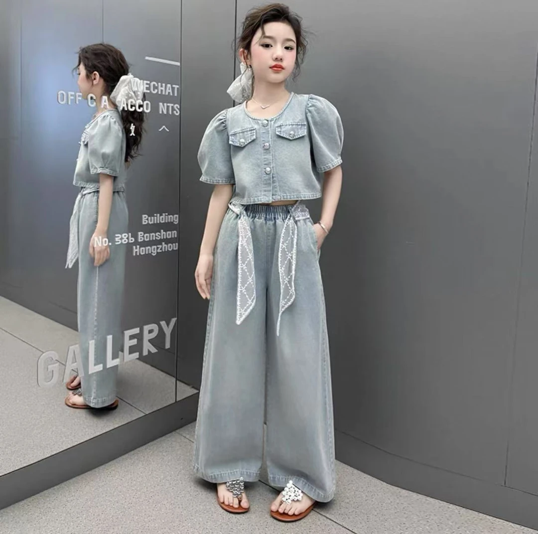 女童牛仔套装夏装新款中大童夏季洋气时髦泡泡袖上衣阔腿裤两件套