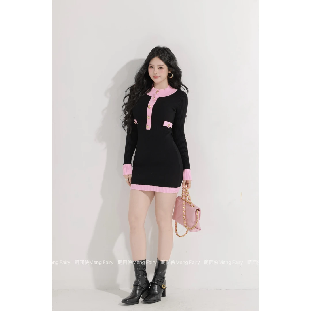 萌面侠【智性大女主】气质小香风撞色设计修身显瘦毛织连衣裙6768M