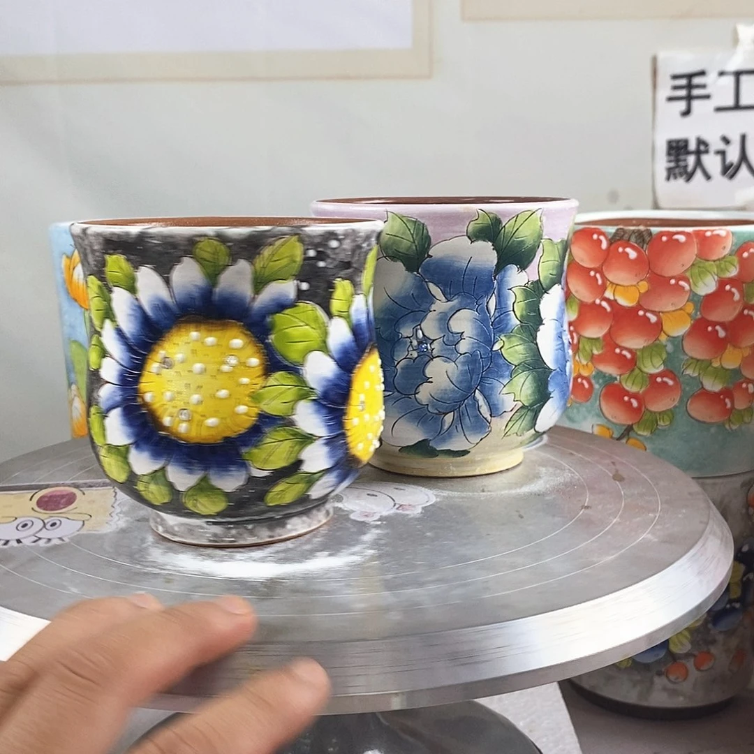 紫砂花盆红陶手绘盆满28包邮