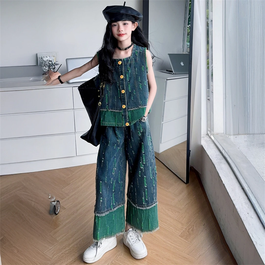 女童套装夏季新款洋气复古马甲上衣毛边阔腿牛仔裤两件套
