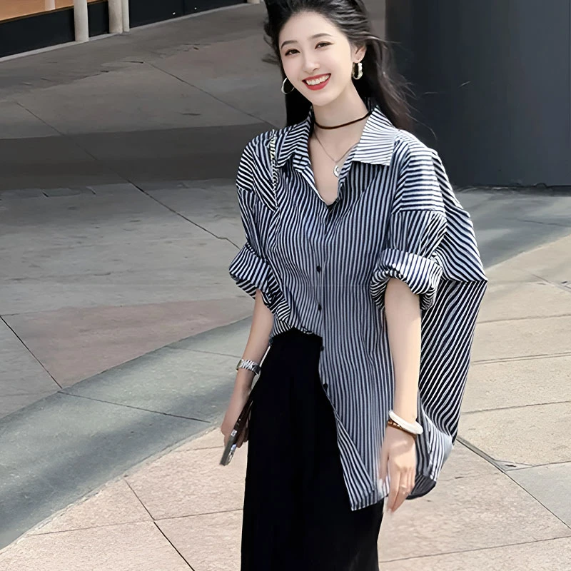 慵懒风撞色气质长袖薄款衬衫2025新款夏季复古条纹中长款防晒上衣