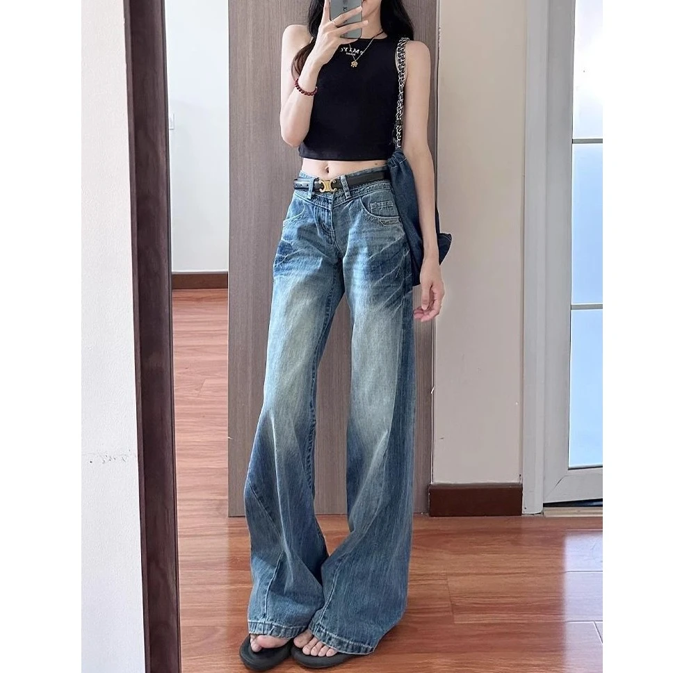 高个子加长版美式微喇牛仔裤女夏季低腰宽松显瘦不贴腿拖地喇叭裤