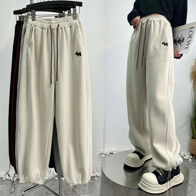 冬季新款刺绣版抽绳加绒运动裤可束可直筒百搭垂感华棉休闲裤2411