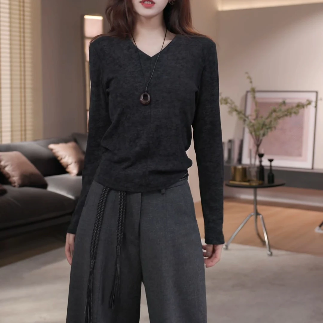 V领抗皱防静电拼接老钱风印花T恤洋气打底衫秋季内搭LK2507188