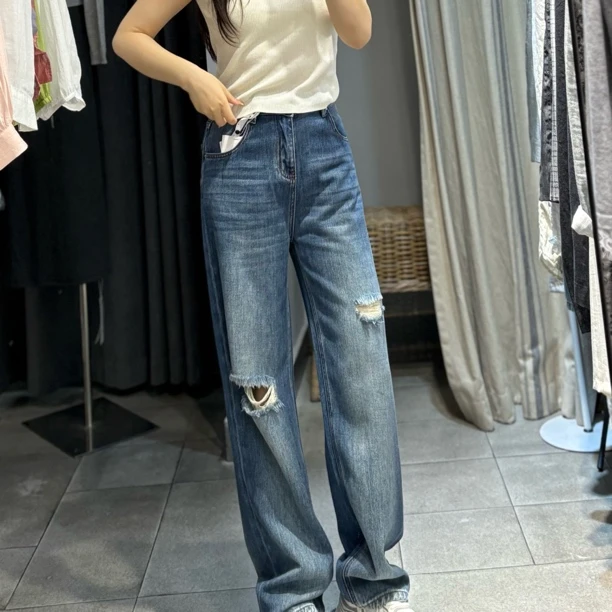 「品质棒呆」复古高腰显瘦破洞阔腿牛仔长裤女款宽松垂感不拖地时尚