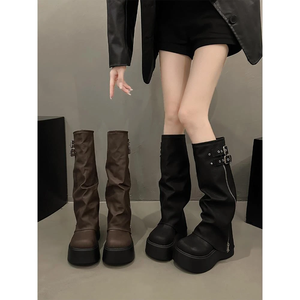 长筒靴女厚底2025春秋新款松糕褶皱堆堆裤管靴小个子高筒长靴