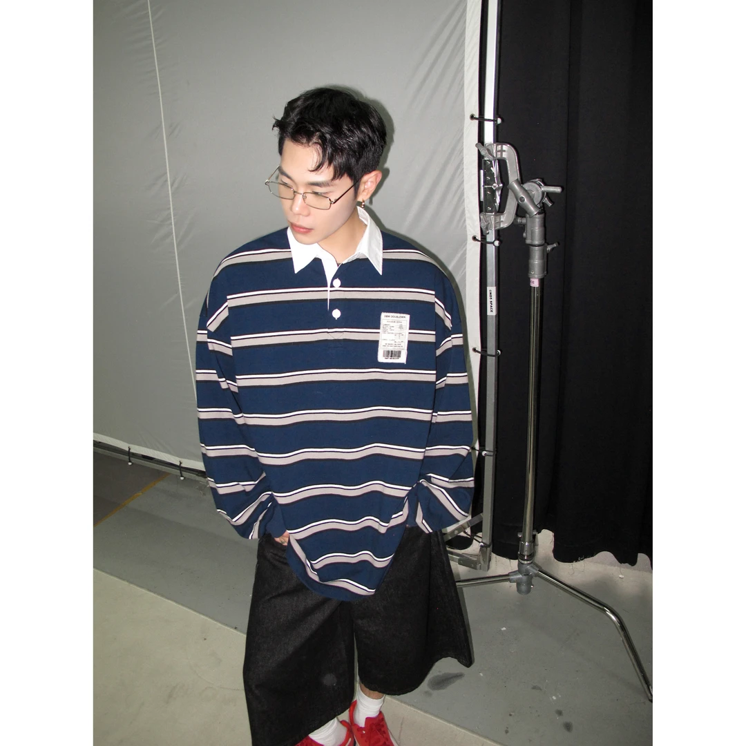 DBW Doublewin复古撞色条纹POLO衫男重磅挺阔宽松纯棉长袖T恤1192