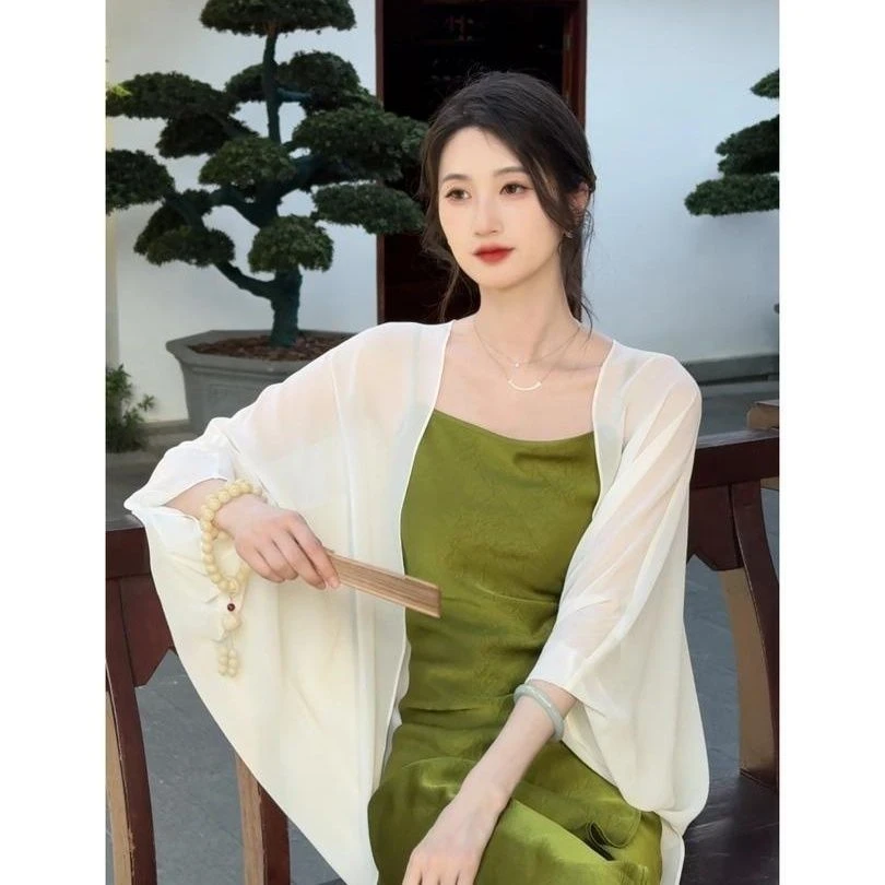 2025春夏新款中式国风感清冷薄款开衫松弛感雪纺薄纱外套罩衫披肩