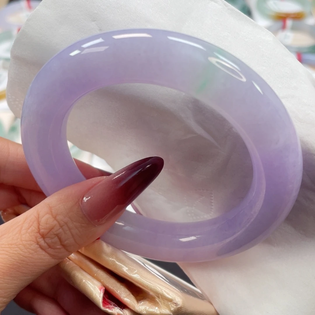 未镶嵌手镯翡翠47号58胖圆细糯胶润粉紫飘绿超美又大气