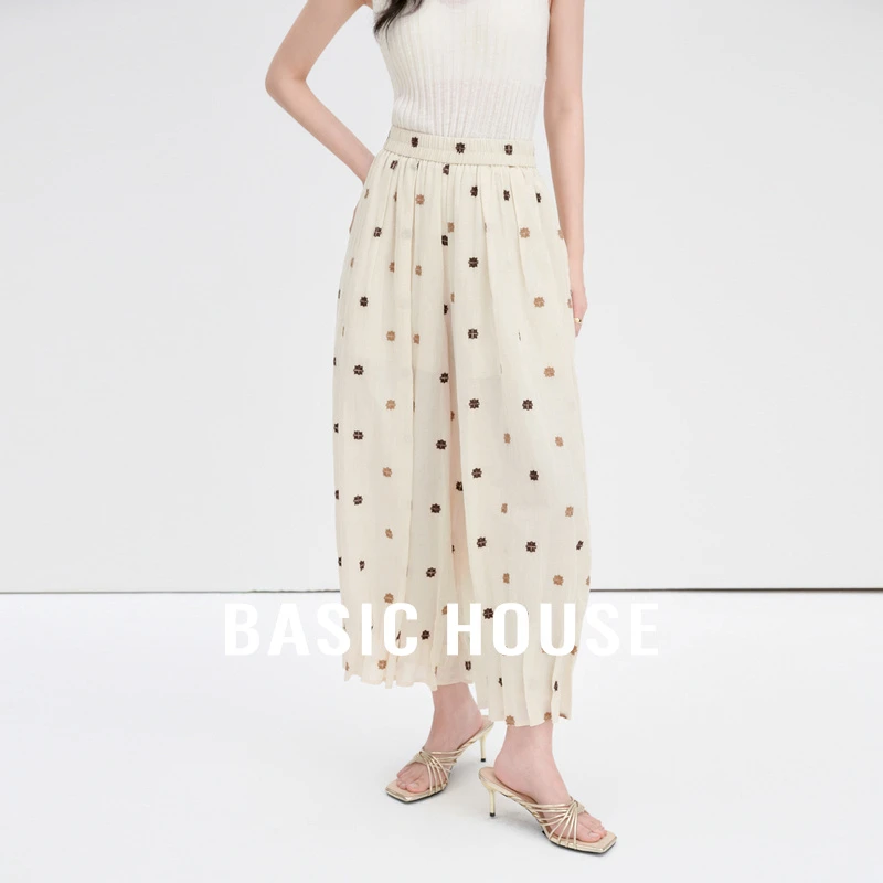 Basic House/百家好刺绣波点撞色阔腿裤夏季透气松紧腰休闲长裤女