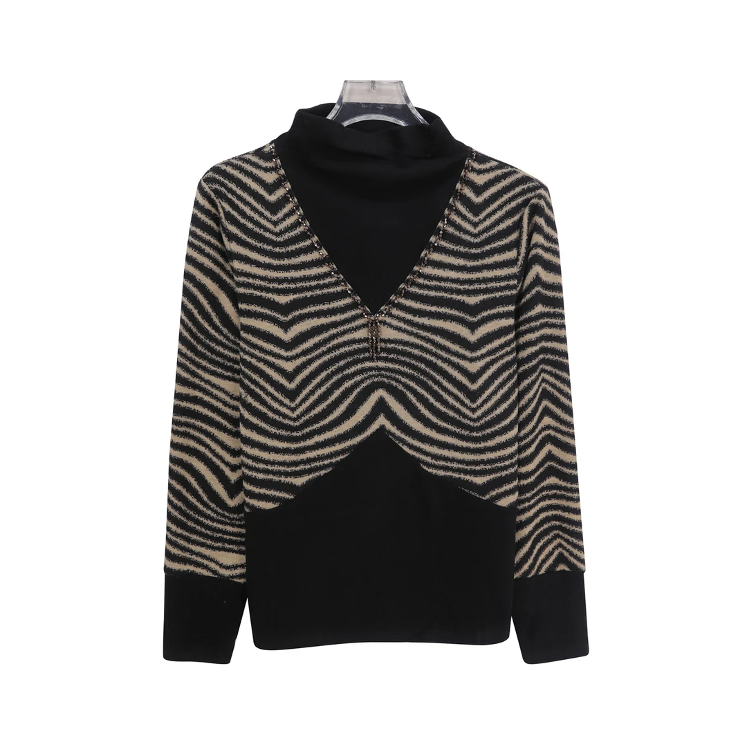 半高领拼接条纹保暖长袖T恤时尚修身显瘦上衣X27727