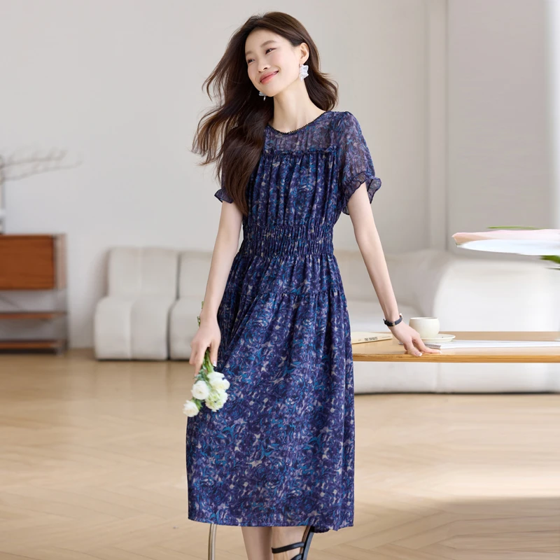 高端时尚碎花雪纺连衣裙女2025夏季新款洋气收腰显瘦短袖A字裙子