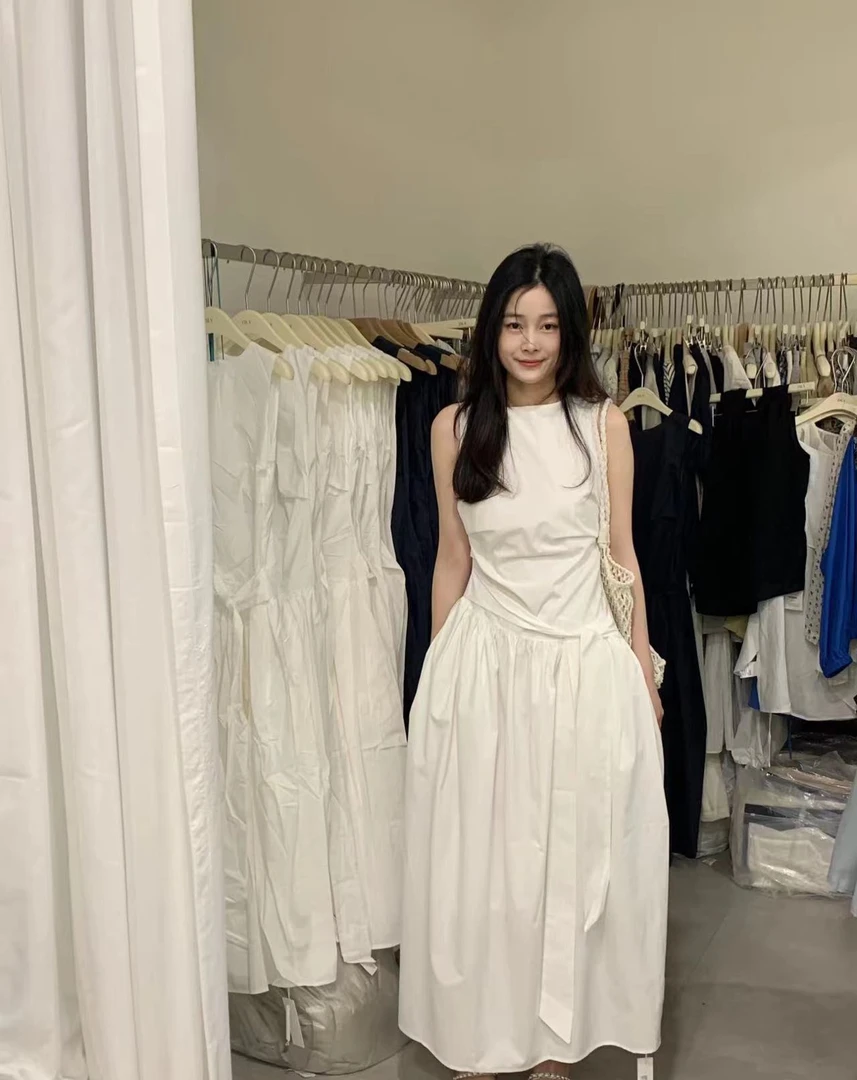 菜花（1ch68892#）无袖款！掐腰蝴蝶结长款连衣裙 5-14