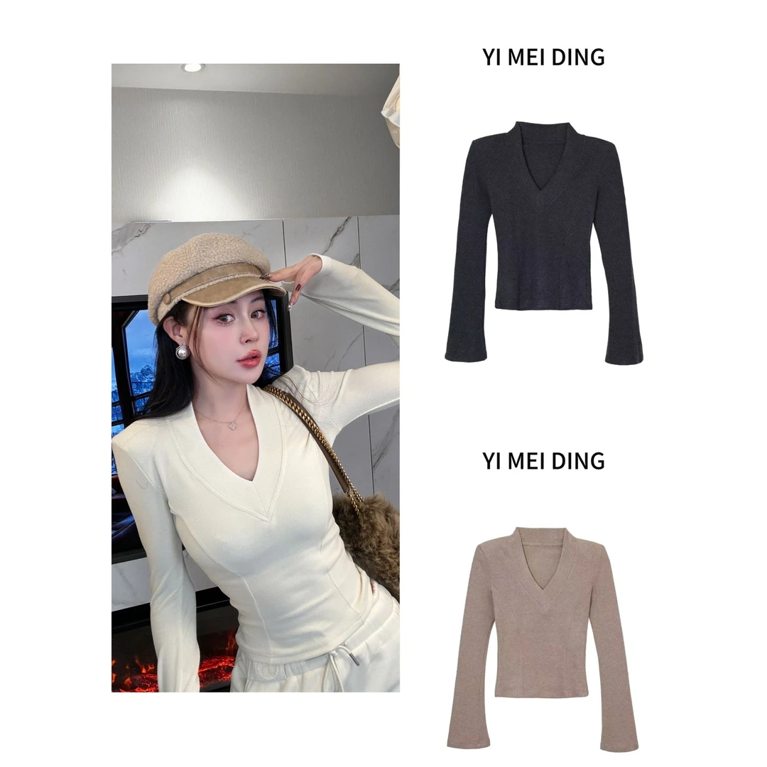 SY044依美丁时尚秋冬气质绒感螺纹深V领百搭上衣
