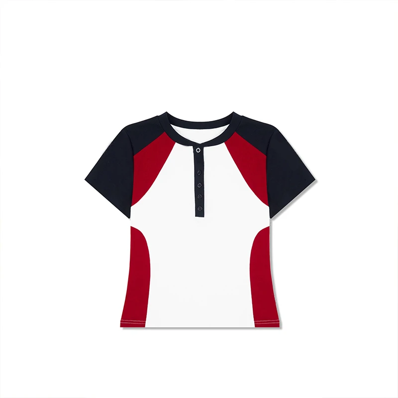 韩版短款修身插肩袖T恤女2025夏季新款设计感小众拼色打底衫上衣