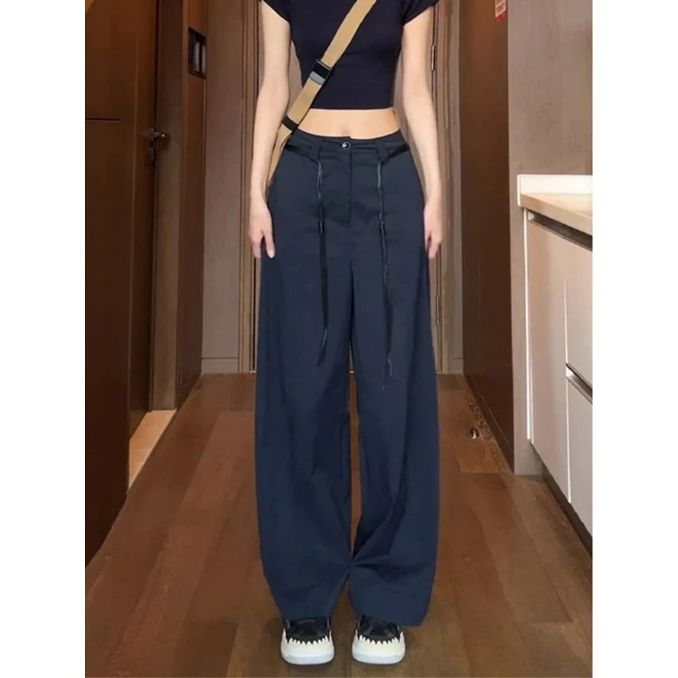 简约风百搭纯色高腰宽松阔腿长裤女2025夏季时尚风藏青工装休闲裤