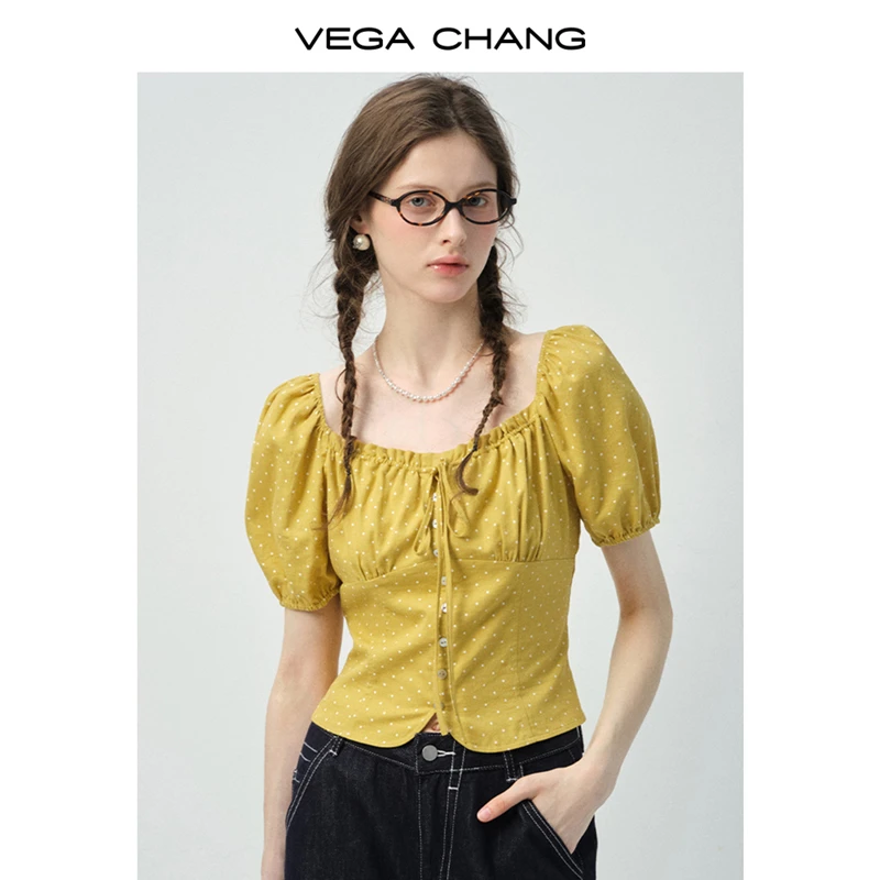 VEGA CHANG衬衫女2025新款夏黄色波点方领收腰短款甜美小衫0659SQ