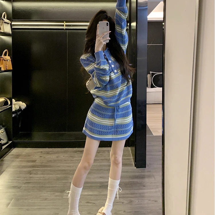 小香风气质套装女秋2025新款爆款高级感减龄条纹针织包臀裙两件套