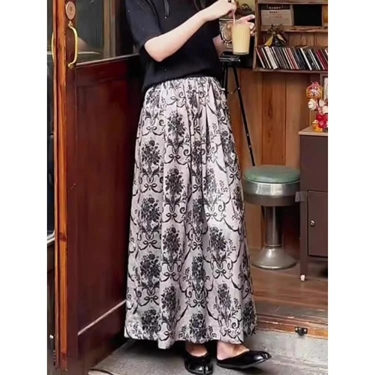 【将军工厂店】2025年新款文艺复古印花高腰薄款半身裙251801