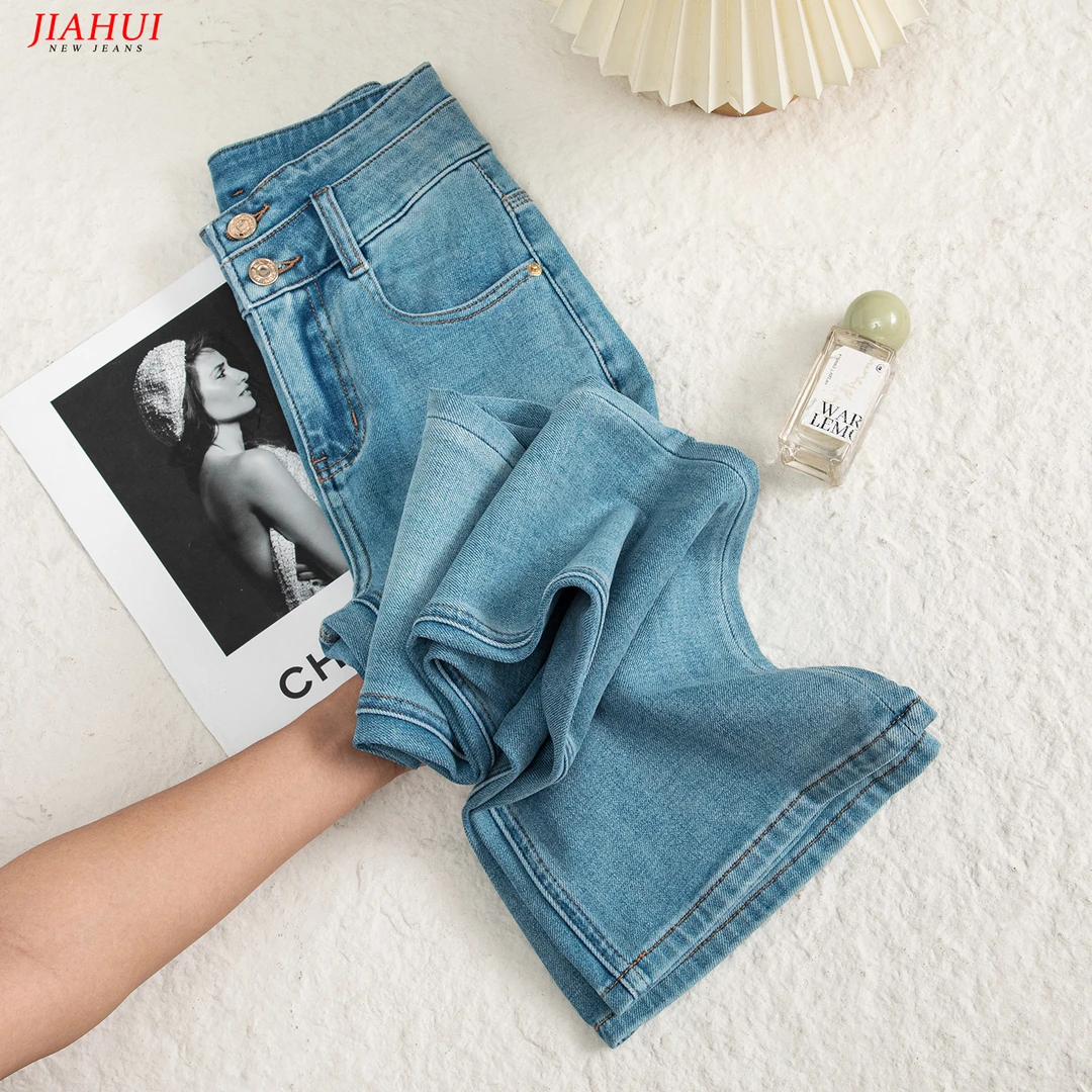 汉麻夏季微喇叭牛仔裤女高腰宽松排扣2025新款四面弹力垂感显瘦