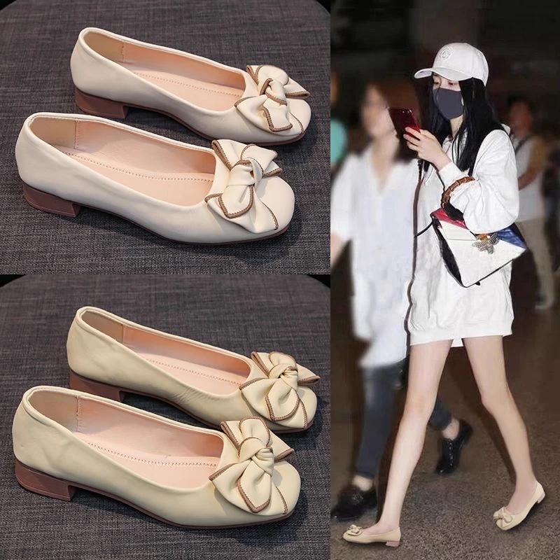 百丽官新款爆款仙女风法式蝴蝶结豆豆鞋女浅口单鞋低跟鞋瓢鞋奶奶