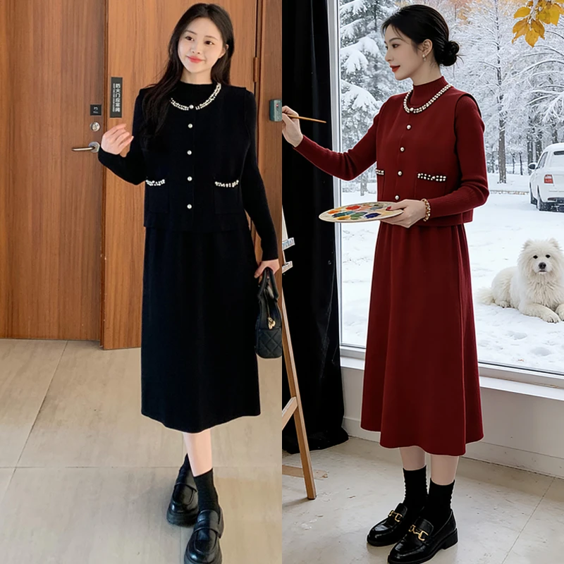 2025冬季时尚套装洋气钉珠马甲半高领针织毛衣连衣裙两件套8630