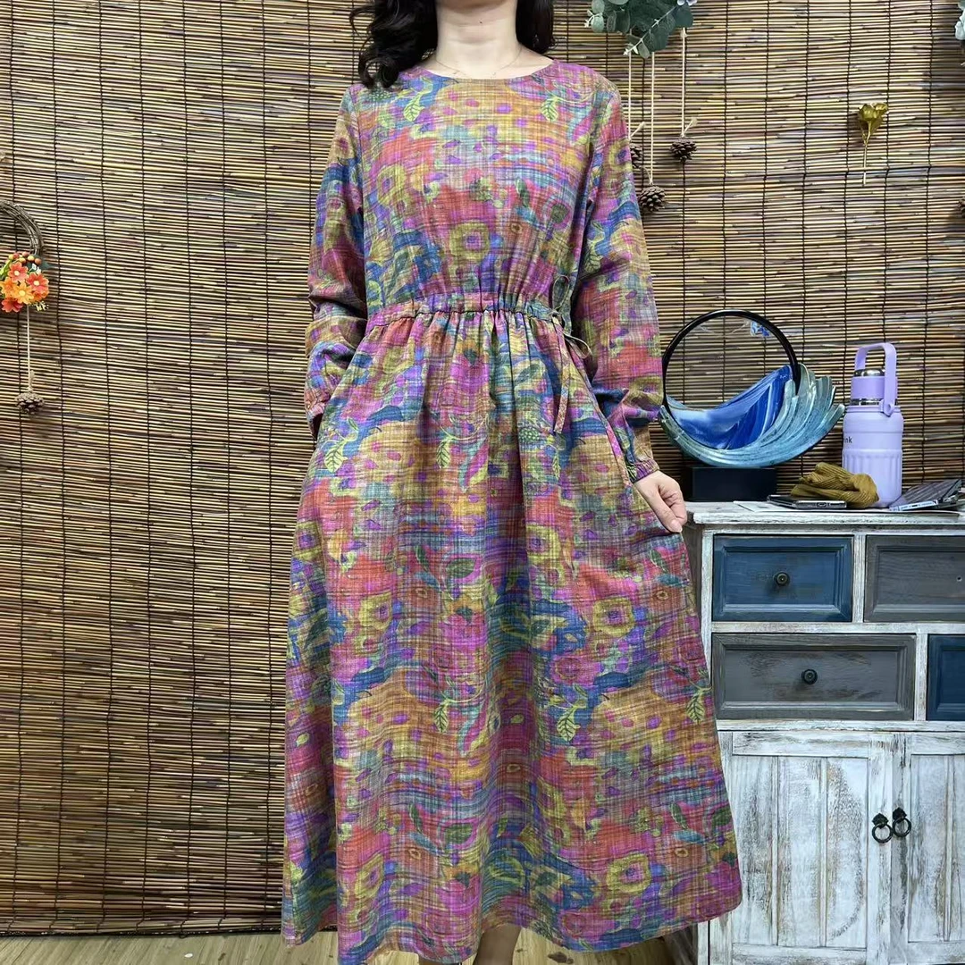 8889新款优雅显瘦圆领红蓝底花朵抽绳长袖款大摆连衣裙时尚文艺