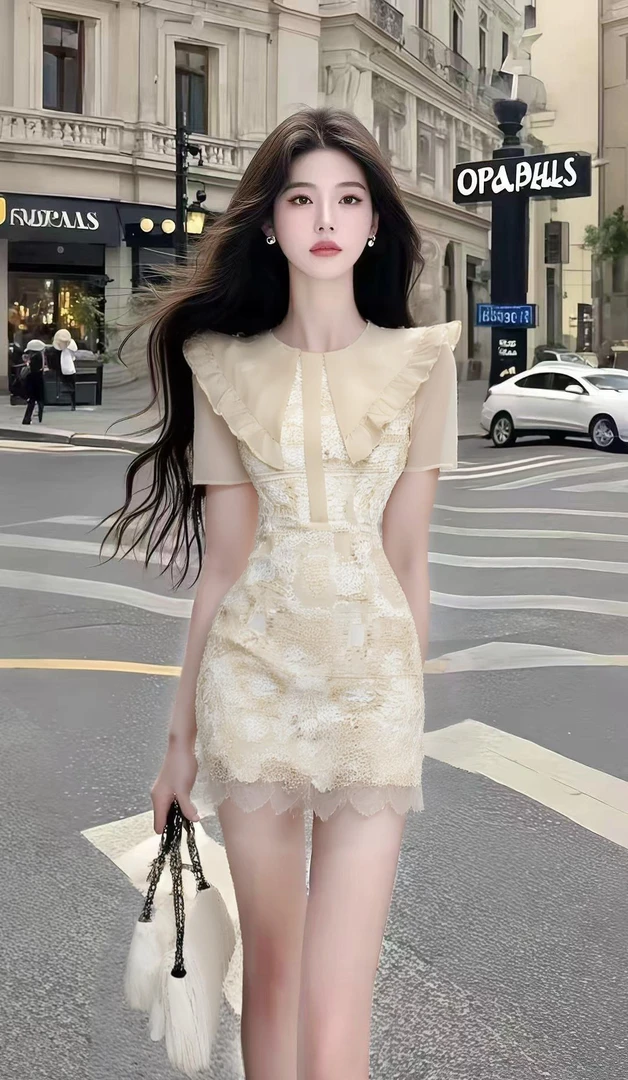 温柔知性风杏色圆领修身收腰包臀连衣裙女优雅时尚气质显瘦高级感