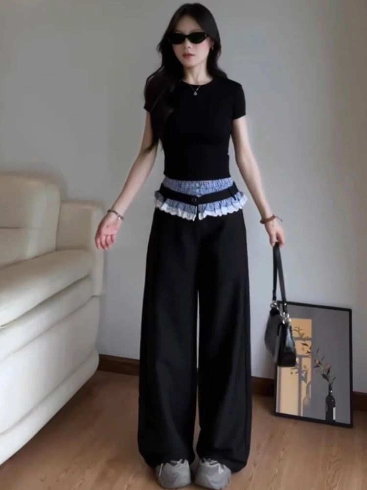 黑色花边拼接格子阔腿裤子女春季新款假两件西装裤直筒宽松休闲裤