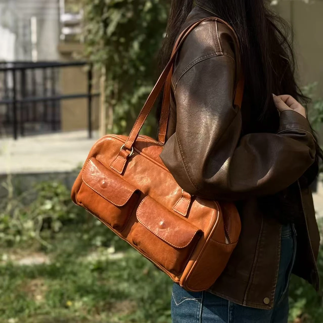 MOZE【32*11*17】复古头层牛皮单肩包保龄球包波士顿女士小众腋下包