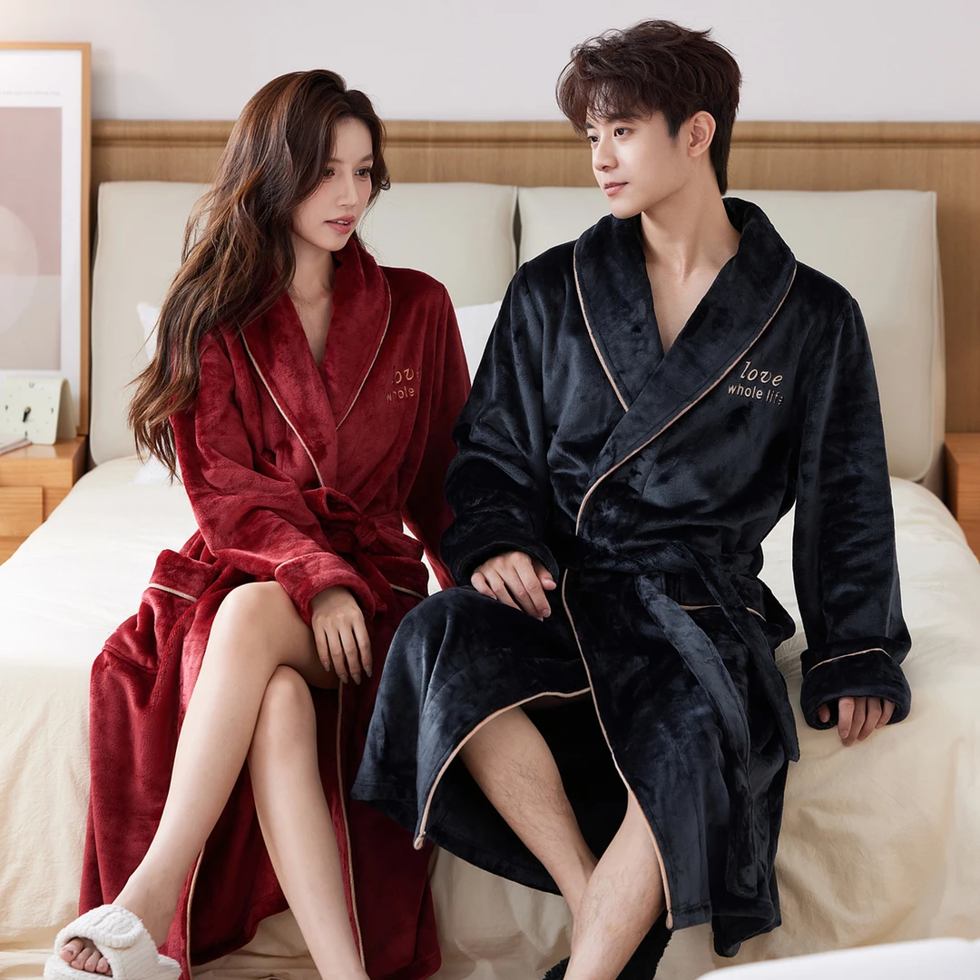 秋冬季浴袍男士法兰绒睡衣女长款珊瑚绒睡袍加绒加厚大码浴衣晨袍