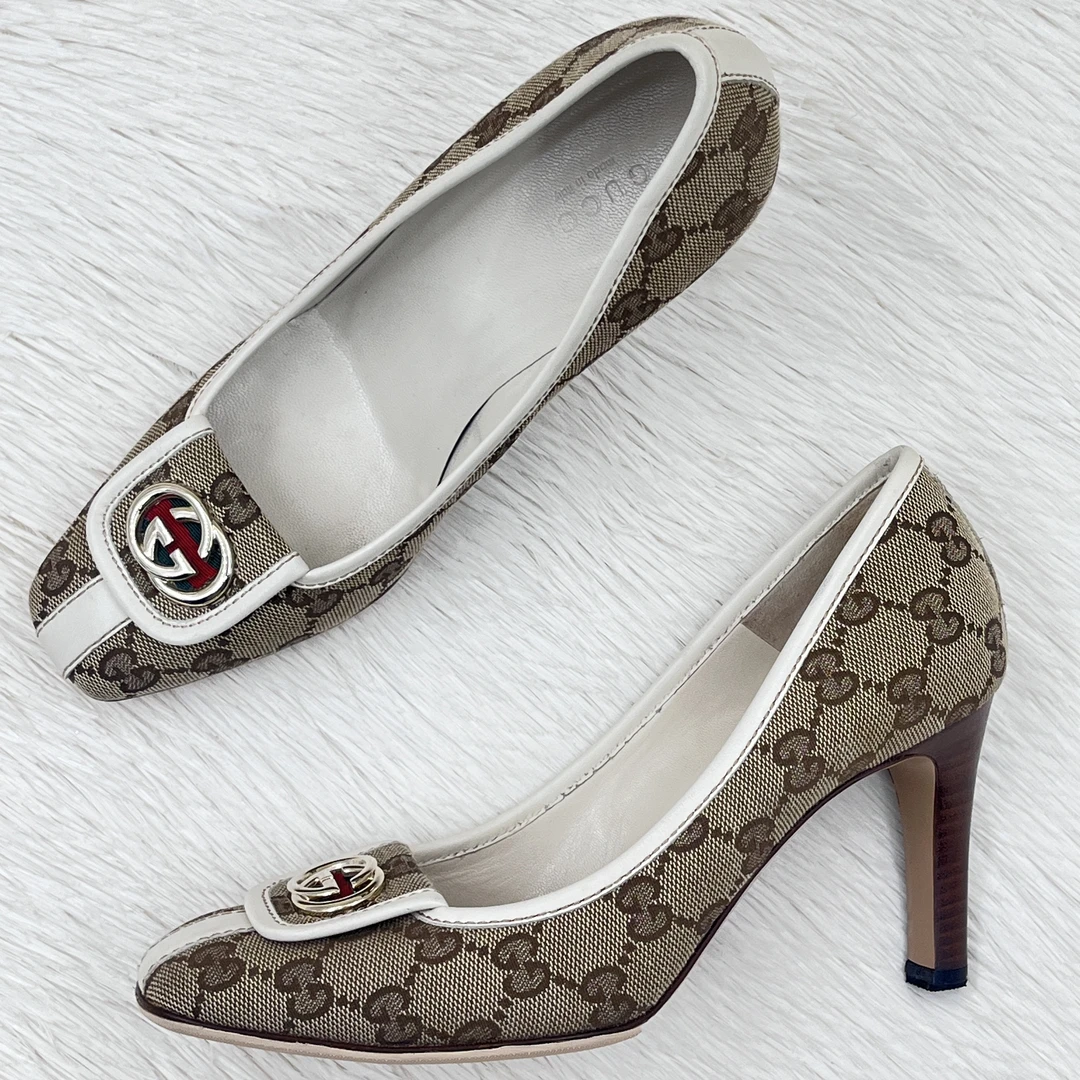 99新 GUCCI/古驰 双G金标老化满印高跟鞋 35.5码 公价8.7k c0225