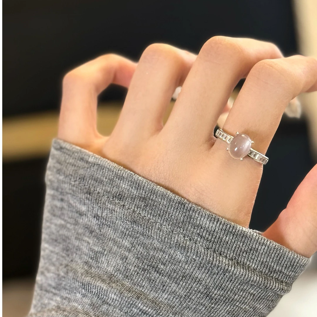 天然粉水晶戒指国标S925银开口可调节