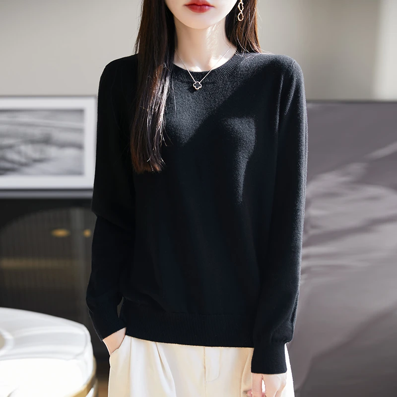 秋冬36支精仿100%羊毛衫平面低圆领大码短款内搭女